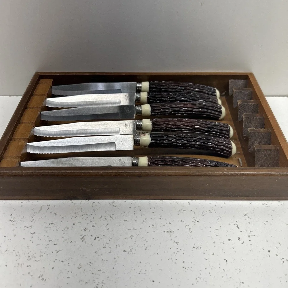 Flint Hollow Ground Cutlery Faux Antler Handle Steak Knives Set of 6